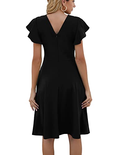 Fit and Flare Dress for Womens Petite Elegant Vintage Ruffle Sleeves V-Back Casual Work A-Line Cocktail Party Dresses with Pockets 842 Navy Blue S