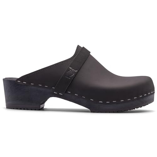 Sandgrens Handmade Swedish Wood Clogs for Women, Low Heel Mule US 5 | Tokyo Navy Nubuck LT, EU 36