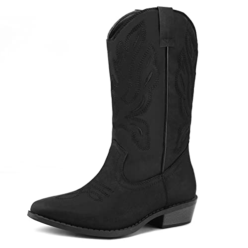 mysoft Women's Western Cowboy Boots Embroidered Mid-Calf Pointed Toe Cowgirl Boot (Available for Regular and Wide Calf)