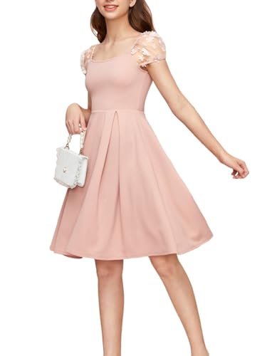 WDIRARA Girl's Appliques Mesh Puff Sleeve Square Neck Ruffle Hem Dress Pink 8-9Y