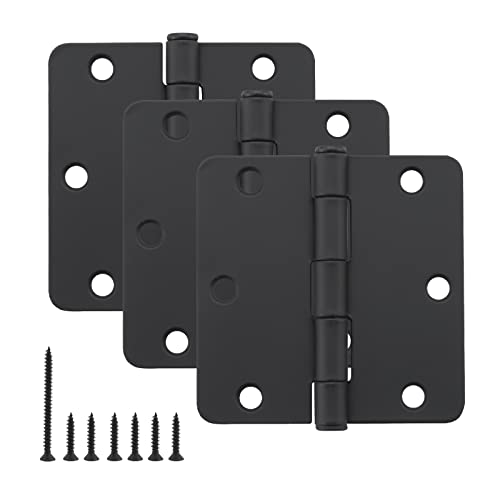 HOME MASTER HARDWARE 3 Pack Rounded Matte Black Door Hinges, 3.5 Inch Interior Door Hinges, 1/4" Radius Corners Residential Bedroom Door Hinge for Office/Bedroom/Study Living Room