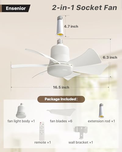 Ensenior 16.5 Inch Socket Fan Light with Remote, Dimmable Light Socket Ceiling Fan, 3000K-6000K 3 Speeds, 1200LM Screw in Ceiling Fan with Light Bulb for Bedroom, Kitchen, Living Room-1 Pack