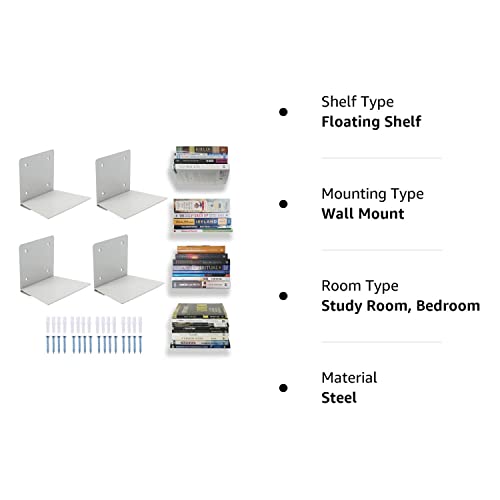 Eapele Floating Book Shelves for Wall, Steel Constructed Hidden Bookshelf with Mounting Hardware (Grey, 4pcs)