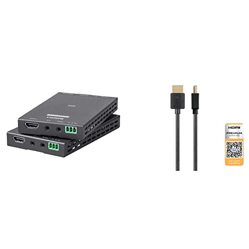 Monoprice 4K Pro HDBaseT Extender Kit, IR, 70 Meters with PoC, Over Cat6, RS232, HDCP 2.2, Black - Blackbird Series and Monoprice High Speed HDMI Cable - Certified Premium, 4K@60Hz, HDR, 18Gbps, 36AWG, YUV, 4:4:4, 2 Feet, Black - Ultra Slim Series