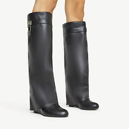 Yishaweiqi Padlock Detail Fold Over Boots for Women Wide-Calf Shark Boots Wedge Heel Knee High Long Boot in Tan Brown Faux Leather