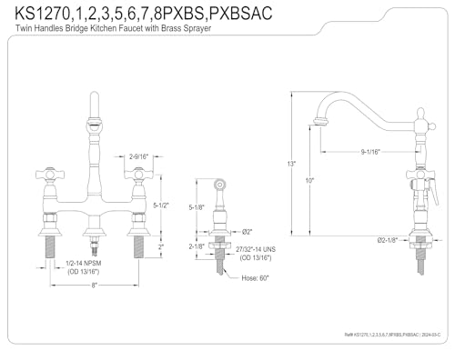 Kingston Brass KS1273PXBS Kitchen Bridge Faucet with Side Sprayer, Antique Brass