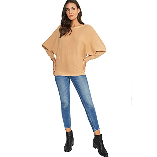 Ckikiou Women Cute Spring Fall Boatneck Batwing Soft Knitted Sweater for Women Casual Loose Long Sleeve Ribbed Pullover Top