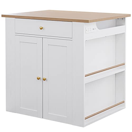IRONCK Kitchen Island with Storage, Large Organized Storage Space with Power Strip, 2-Door Cabinet and 2 Open Shelves/Dual Side Drawers/5 Open Spice Racks, 29.5" D x 39.4" W x 37.8" H, White