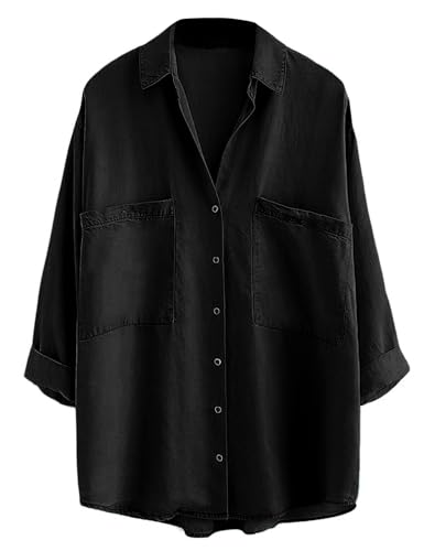 Yimoon Womens Denim Shirt Chambray Blue Button Down Jean Shirt Denim Tops Soft Tencel Casual 3/4 Sleeve Jacket(Black-S)