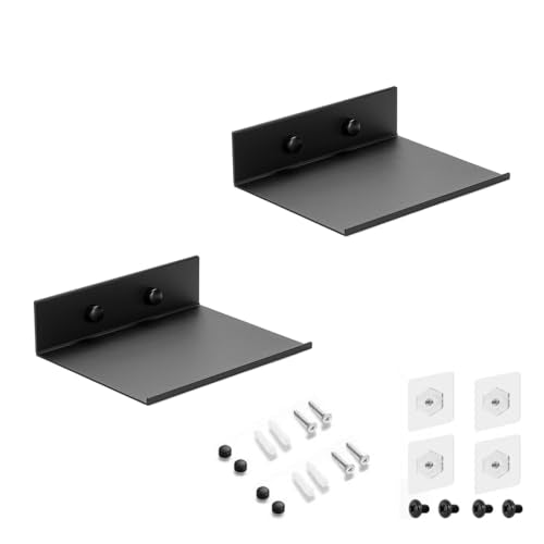 Z metnal Small Floating Shelves, Mini Metal Shelf for Collection Action Figures, Self Adhesive Decor Display Wall Shelf, Aluminum, Wall Mounted, Matt Black, 6 inch, 2 Pack