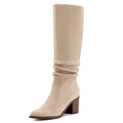 Athlefit Womens Knee High Chunky Heel Boots Faux Suede Pointed Toe Side Zipper Brown Boots Size 11