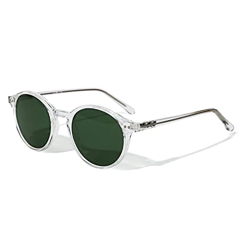 TIJN Vintage Small Round Sunglasses for Women Men,Stylish Polarized UV400 Colored Lens,Tinted Sun Glasses(Clear Frame,Green)