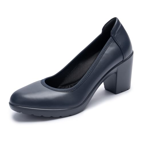 Cusolemore Black Heels for Women with Arch Support, Chunky Closed Round Toe Block Platform Heel Pumps for Women, Comfortable Short Heel Work Dress Shoes Size 6.5