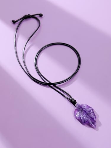 Top Plaza Amethyst Healing Crystal Stone Necklace for Women Men Carved Natural Gemstone Leaf Pendant Necklace Spiritual Jewelry Christmas Gifts