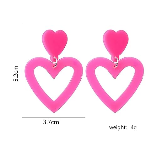 Pink Heart Dangle Earrings for Women, Vibrant Pink Party Earrings Cute Acrylic Love Heart Stud Earrings Valentine's Day Earrings Gift for Lover Wife (Corol)