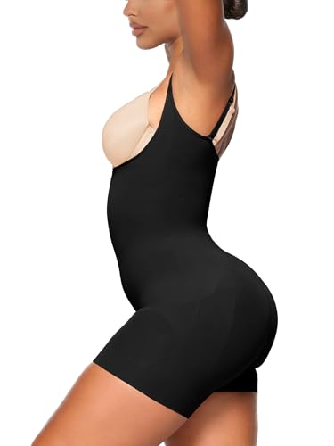YIANNA Shapewear for Women Tummy Control Bodysuit Open Bust Mid Thigh Seamless Sculpting Body Shaper,YA5258-Black-XXS/XS