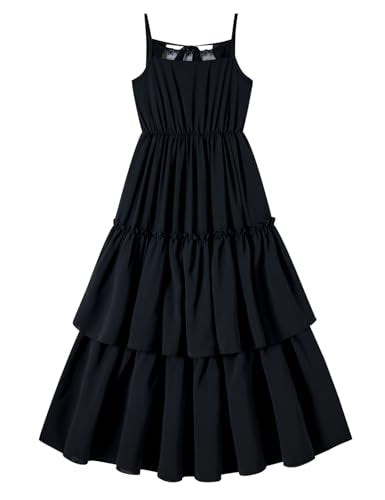Kids4ever Girl Maxi Black Dress Size 6 Strap Bowknot Backless Kids Long Ruffle Tiered A-Line Flower Dresses with Embroidery Summer Beach Party