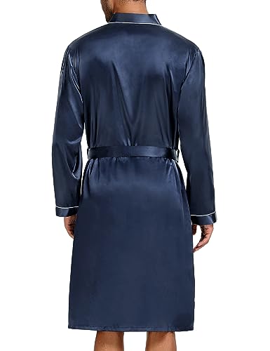 SWOMOG Mens Satin Robe with Shorts Set 2 PCS Kimono Bathrobe Long Sleeve Sleepwear Pjs Sets with Pockets Black Small