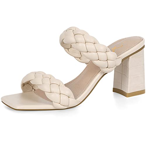 Athlefit Women's Braided Heels Square Toe Strappy Braided Sandals Slides Slip On Woven Block Tan Heels Size 11