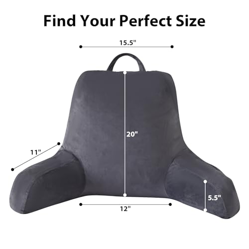 IPYNBAP Reading Pillow with Arms for Adults, Back Pillow for Bed Sitting Up, Shredded Memory Foam Backrest Pillow with Pockets & Removable Washable Cover, Lounging, Watching TV, Reading(18inch Grey)