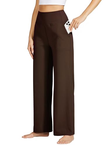 Willit Women's Wide Leg Yoga Pants with Pockets Stretch Loose High Waist Comfy Soft Casual Lounge Sweatpants 30” Dark Khaki L