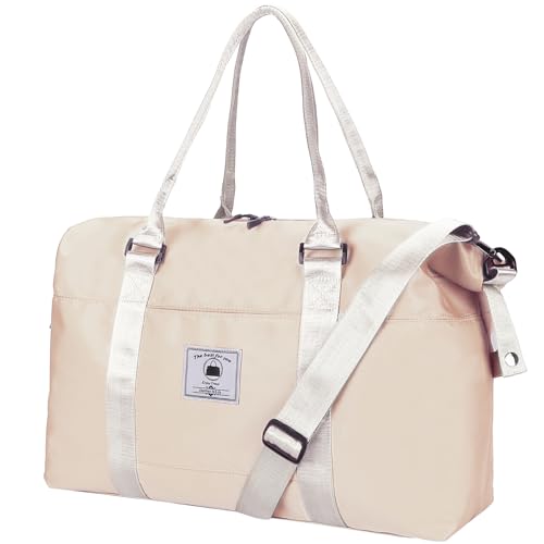 Travel Weekender Overnight Bags for Women With Wet Pocket Sport Gym Tote Duffle Bag Carry on Waterproof (Beige)