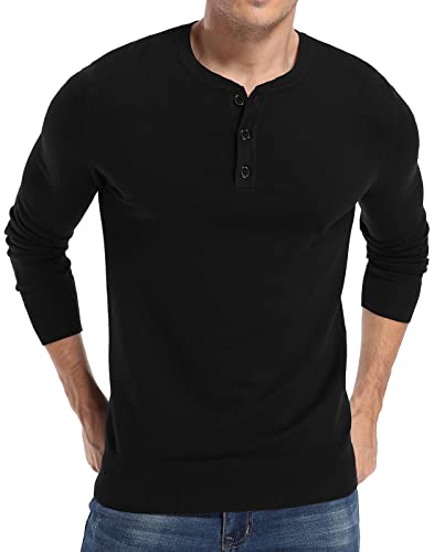 NITAGUT Mens Slim Fit Pullover Sweaters Long Sleeve Knitted Fabric Henley Sweater Black, Small