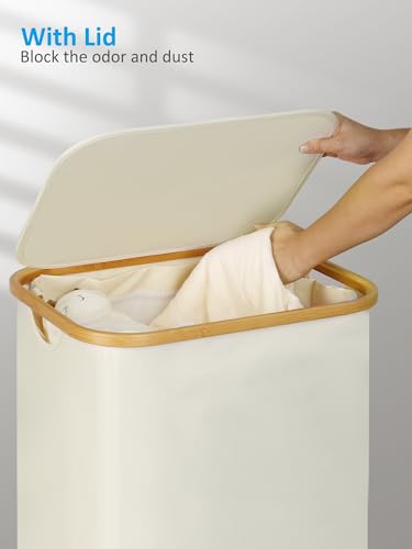 efluky Slim Laundry Basket with Wheels, Rolling Laundry Basket with Lid and Removable Bag, Narrow Dirty Clothes Basket with Wheels for Laundry Room, Bedroom & Bathroom, 75L (19.8 Gallon) Beige