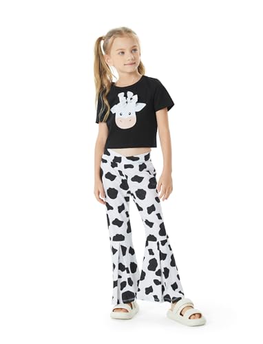 PATPAT Girls Clothes 2Pcs 3D Short Sleeve Crop Top Floral Girl Bell Bottom Summer Outfit Toddler to Big Kids Green 3-4 Years