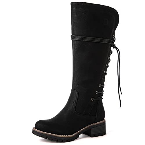 GLOBALWIN Women’s Black Lace Up Back Boots Knee High Boots Fashion Boots For Women 11M
