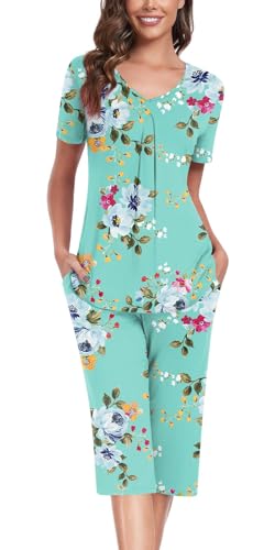 Anyally Women's Summer Pajama Set Plus Size Short Sleeve Shirt and Capri Pants 2 Piece Sleepwear Pleated Ladies Pjs Sets with Pockets, XL Star Blue
