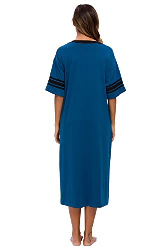 Vslarh Women's Nightgown Long Loungewear Short Sleeve Sleepshirt V Neck Pajama Dress with Pockets S-3XL