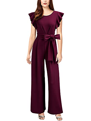 Knitee Women's Vintage Sleeveless Ruffle High Waist Wide Leg Romper Formal Long Jumpsuit with Belt (A-Burgundy, Small, s)