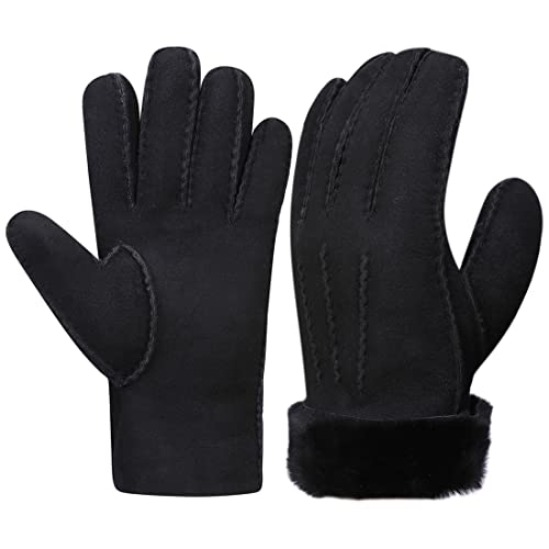 Harssidanzar Men Genuine Leather Lambskin Shearling Gloves,Suede Fur Cuff Thick Wool Lined Heated Warm for Winter Cold Weather Dress Driving Gloves KM043,Black,Size S