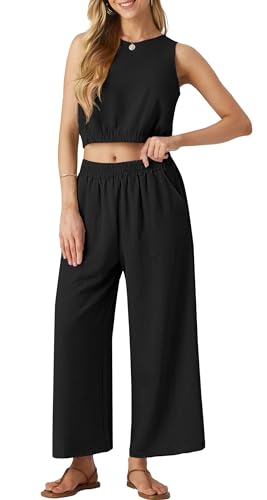 GRECERELLE Two Piece Sets for Women Sleeveless Crop Top Wide Leg Pants Sweat Set for Women 2024 Summer Khaki Black Flower-L