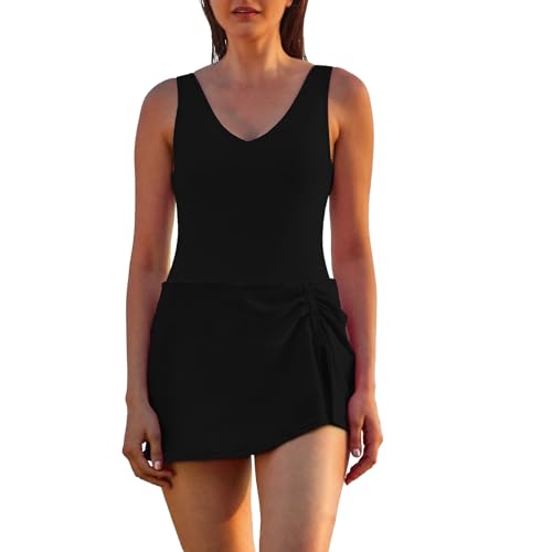 Jollkichay One Piece Swimsuit Tummy Control Swim Dress Slimming Bathing Suit with Skirt Ruched Swimsuits for Women Long Torso One Piece Swimdress Modest Womens Swimsuit with Skirt Black 2-4