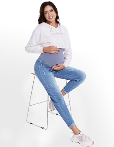POSHGLAM Women's Maternity Jeans Over Belly Comfy Stretch Boyfriend Jeans Denim Pregnancy Pants(Light Blue, Small)