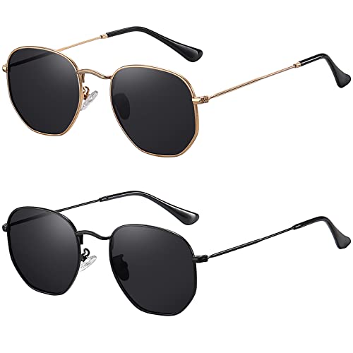 MEETSUN Polarized Hexagon Sunglasses for Women Men Polygon Square Sun Glasses UV400 Protection Metal Frame Black-Gray