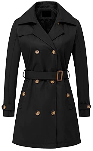 Chrisuno Trench Coats for Women Women's Windproof Waterproof Long Coat Classic Double Breasted Lapel Belt with Removable Hood Black Velvet Lined S