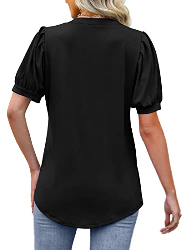 Womens Floral Tops Summer Short Puff Sleeve Shirts Flowy Tunic for Women V Neck Black S