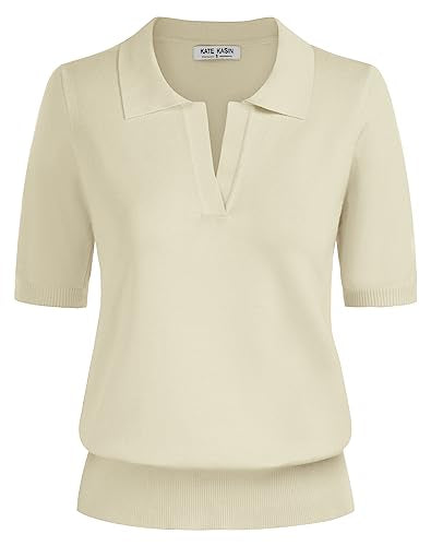 Kate Kasin Women Summer Color Block V Neck Knitted Polo Sweaters Tops Short Sleeve Shirt Casual Pullover Sweater Light Green M