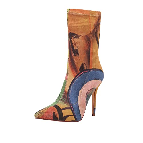 vivianly Women's Sexy Pointy Toe Stiletto Heels Ankle Boots Printed Stretchy Sock Booties Size 12