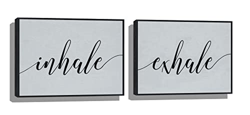 ART ORIGINAL Inhale Exhale Wall Art 3D Print Simulation Hand Painted Texture on Canvas Painting Meditation Zen Black & White Front Load Frame 9x12 Extra 1/4" Slim 0.71" Height Wood