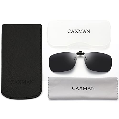 CAXMAN Clip On Sunglasses for Women Men Polarized Over Prescription Glasses Rectangle Rimless Flip Up Category 4 Dark Black Lens 58 * 36mm