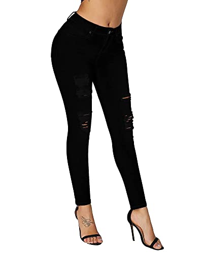 roswear Women's Essentials Ripped Mid Rise Destroyed Skinny Jeans Black Small