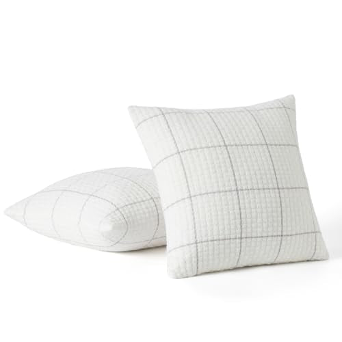 Bedsure Throw Pillow Covers 18x18 Inch - Pack of 2 White Luxury Soft Cozy, Decorative Pillow Covers, Woven Pillow Cover Plaid Jacquard, Home Decor for Sofa Couch Bed