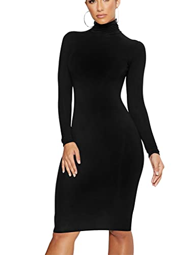 Women's Casual Long Sleeve Bodycon Sexy Turtleneck Midi Club Party Pencil Dresses, S, Black