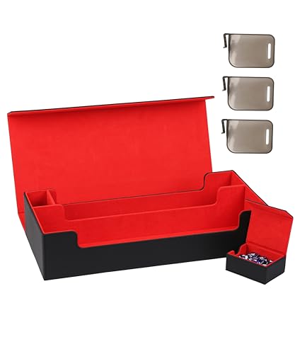 MTG Deck Box With Dice tray and playmat case and 3 card stoppers,Large Card Deck Box Fits 820+ Double Sleeved Cards or 200 toploaders,TCG Card Storage Box 5 in 1(Black&Red)