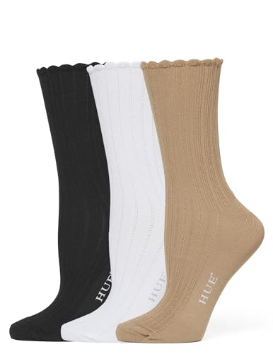 HUE Women's Scalloped Pointelle Sock, Asst. #2: Tiger’s Eye/White/Black, One Size