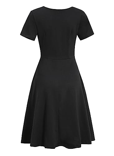Women's Elegant Criss-Cross V Neck Vintage Short Sleeve Work Casual Party Swing Tea Dress with Pockets 980 (M, Navy Blue)